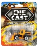 Die cast construction truck in blister pack, yellow dump-style vehicle with wheels