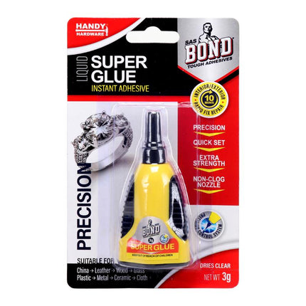 Instant super glue adhesive blister pack, clear-drying, precision nozzle, 3g