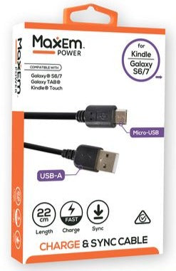 Black USB-A to Micro-USB charging sync cable with two connectors, 22 cm length.