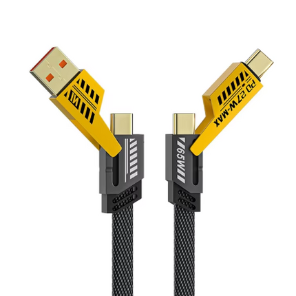 Yellow and black 4-in-1 braided phone cable with dual USB and Type-C connectors