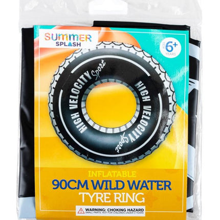 Inflatable 90cm swim ring in retail box, black tire design with yellow center