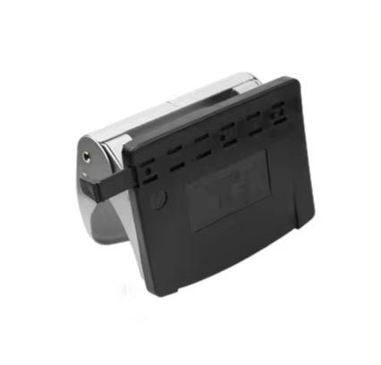 Metal two-hole punch, silver body with black tray and heart-shaped punch head.