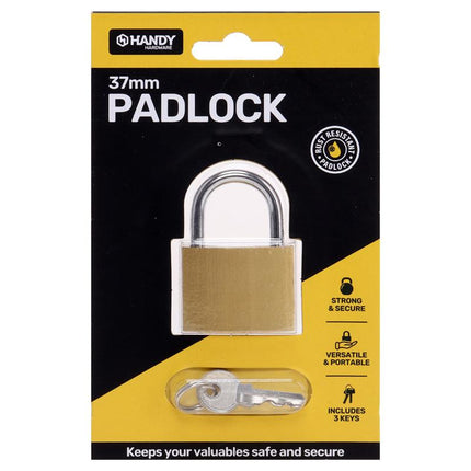 37mm padlock with 3 keys and hanging loop, packaged on retail card