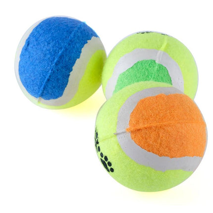 Three felt tennis ball dog toys with paw-print patches: blue, green, and orange balls