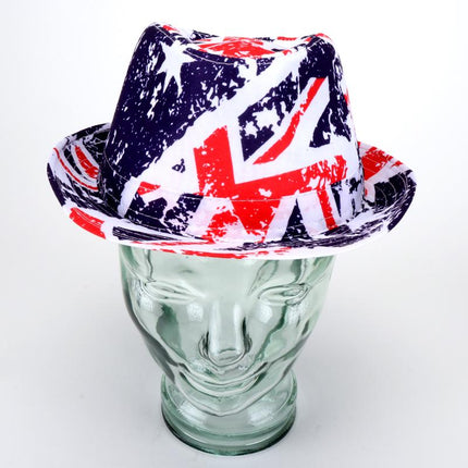 Fedora hat with red white and navy distressed print, front view on mannequin