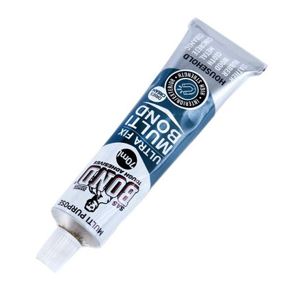 Multi Bond ultra fix adhesive glue tube, 70ml, angled view, blue and white.