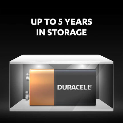 Duracell 9V alkaline battery shown inside storage box, up to 5 years