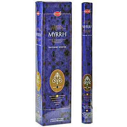 Myrrh incense sticks in tall blue hexa box and slim tube, HEM brand