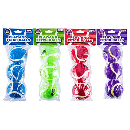 Assorted dog tennis balls 3-pack in blue, green, red, purple blister packs
