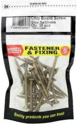Chip board screws 5 x 50mm, 30pc, in Handy fastener & fixing bag with visible screws