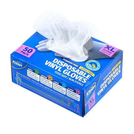 Disposable vinyl glove box, XL size, powder-free latex-free; open pack shows one pair