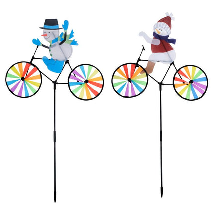 Christmas windmill spinner yard stake pair with snowman in blue and Santa in red on bicycles