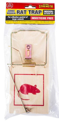 Wooden jumbo rat trap with metal trigger and spring, packaged for indoor or outdoor use