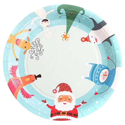 Blue-rim Christmas paper plate with Santa, penguin, polar bear and snowflake graphics