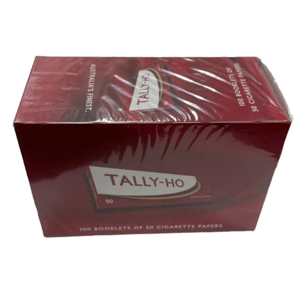 Tally-Ho cigarette paper booklet box, maroon top view, 100 booklets of 50