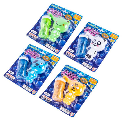 Assorted animal bubble gun blister packs with 60 ml solution and animal figures