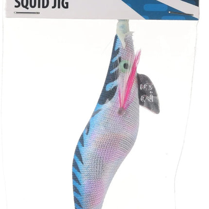 Squid jig with blue iridescent body, pink tentacles, orange head, size 2.5