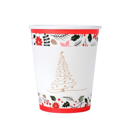 Christmas paper cup, white with red holly and pine tree design, 250 ml