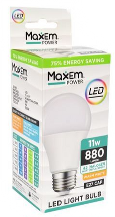 11W LED E27 warm white light bulb in retail box, energy saving label and specs