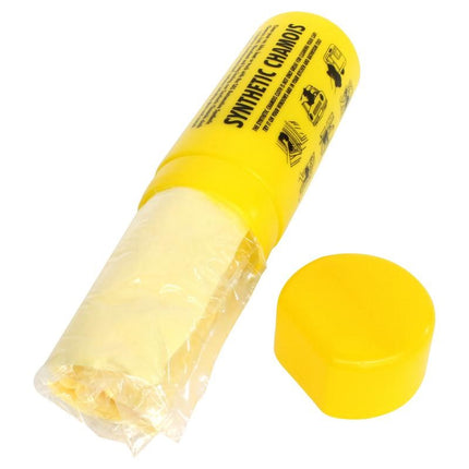 Synthetic chamois cloth, yellow, in plastic sleeve with separate round pad