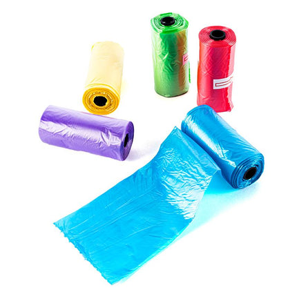 Dog waste bag refill rolls set with blue, purple, green, yellow, and red bags