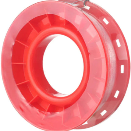 Red fishing line spool reel with central hole and ridged outer rim