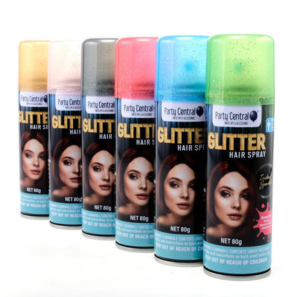 Glitter hair spray bottles assorted colors, each with blue label and net 80g