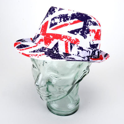Fedora hat on mannequin head, red white navy patriotic print, curved brim