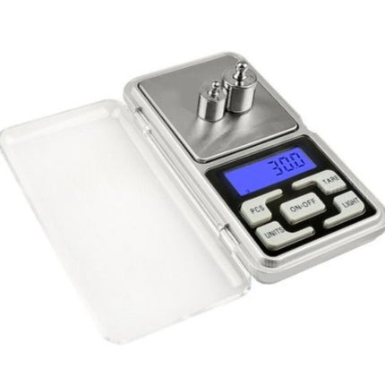 Digital scale with stainless platform, blue LCD display, and hinged protective cover