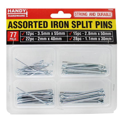 Assorted iron split pins set of 77 in clear blister pack, assorted metal pins