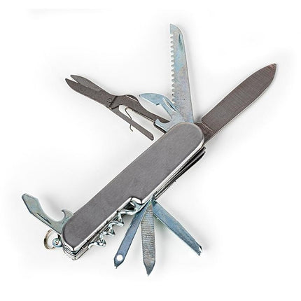Pocket multi-tool knife with saw, blade, and screwdriver tools on folded handle