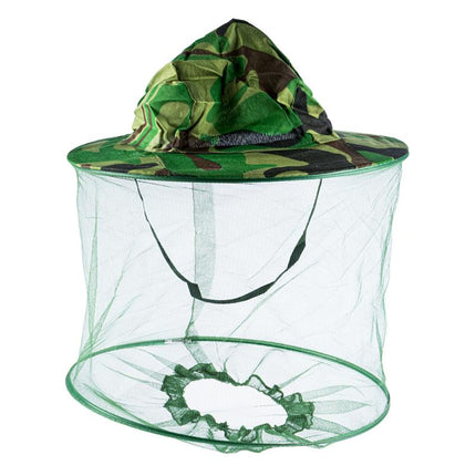 Camouflage wide-brim hat with clear mesh mosquito net drape around the head