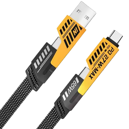 Yellow and black braided 4-in-1 cable with USB-A to Type-C and Lightning ends