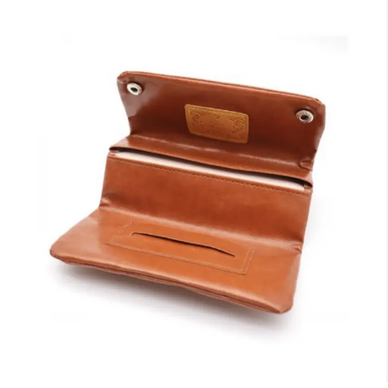 Leatherette tobacco pouch folded open with two silver snaps and embossed label, tan