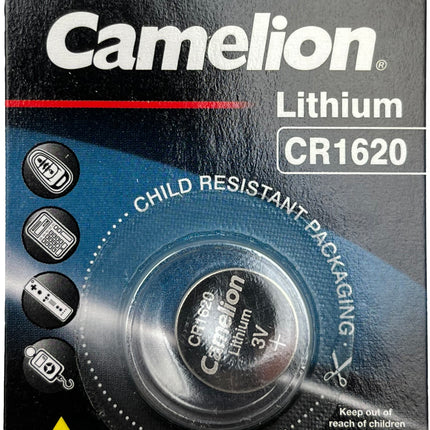 Camelion lithium CR1620 3V child-resistant button cell battery in blister pack