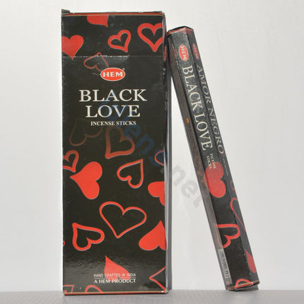 Black Love incense sticks pack and individual box, red hearts on dark background