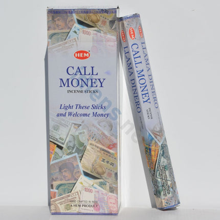 Call Money incense stick box and wrapped sticks with currency illustrations