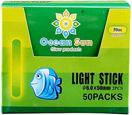 Ocean Sun Light Stick box with blue fish graphic, 50m visibility, 50 packs