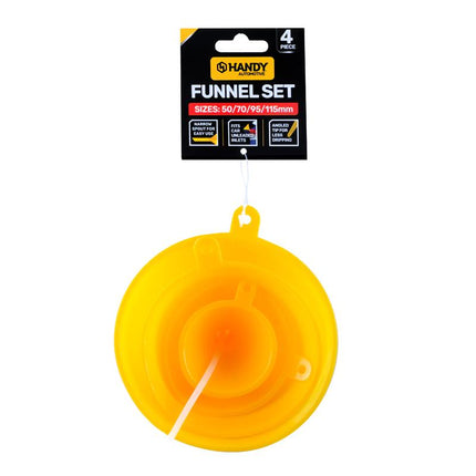 HANDY funnel set pack with four yellow plastic funnels hanging
