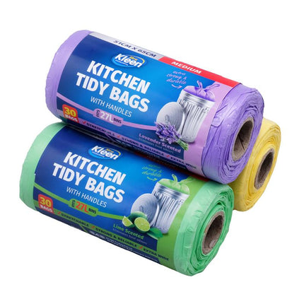 Kitchen tidy bin liners with handles, 30-bag packs in purple, blue, and green