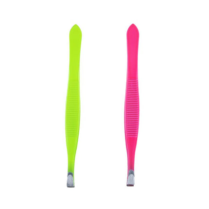 Flat-tip tweezer pair with textured grip—lime green and pink