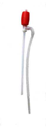 Siphon pump with red ribbed hand bulb and flexible clear white tubing