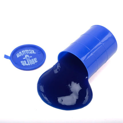 Blue slime barrel toy with white slime inside and blue snap-on lid