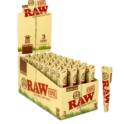 RAW organic hemp cone rolling papers in open display tray, King Size, 3 cones