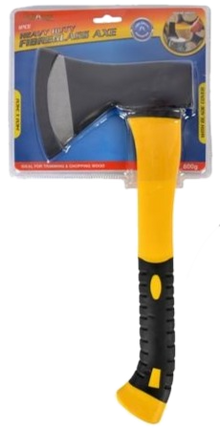 Tomahawk axe with yellow fiberglass handle and black rubber grip.