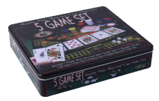 5 game set tin box, black lid with colorful casino game artwork