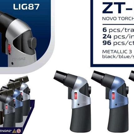 Jet lighters in tray display, black/gray and blue, red ignition windows