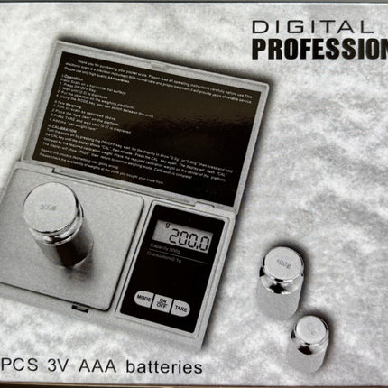 Digital pocket scale kit with open manual, metal weighing cups, and LCD display.