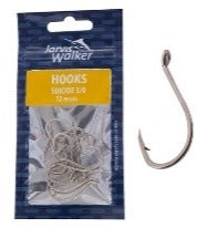 Nickel fishing hook with barbed point, shown beside small 12-pack card package