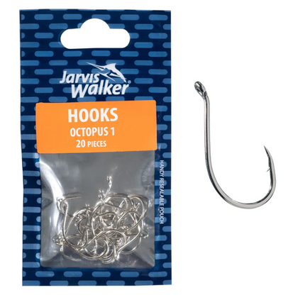 Nickel octopus fishing hooks, Size 1, 20-pack in blister